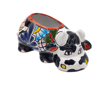 Mexican Talavera Resting Cow Planter Pot Hand Painted - Black & White Body Color